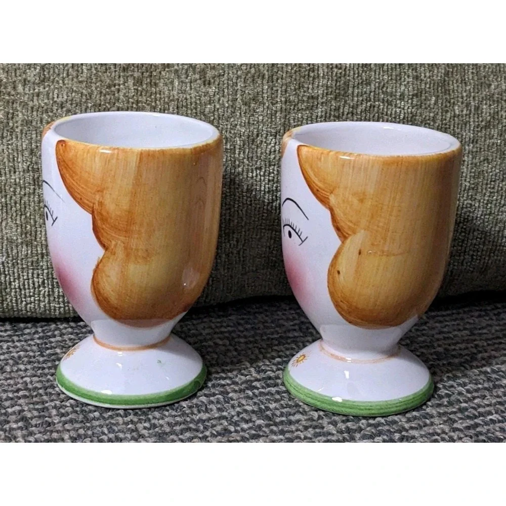 Pair Of Vintage Hand Painted Lady Face Ceramic Egg Cup Holders Unique